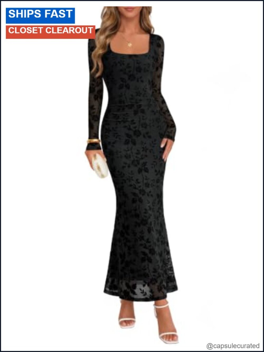 Women's Floral Long Sleeve Formal Wedding Guest Dress Bodycon Mermaid Hem